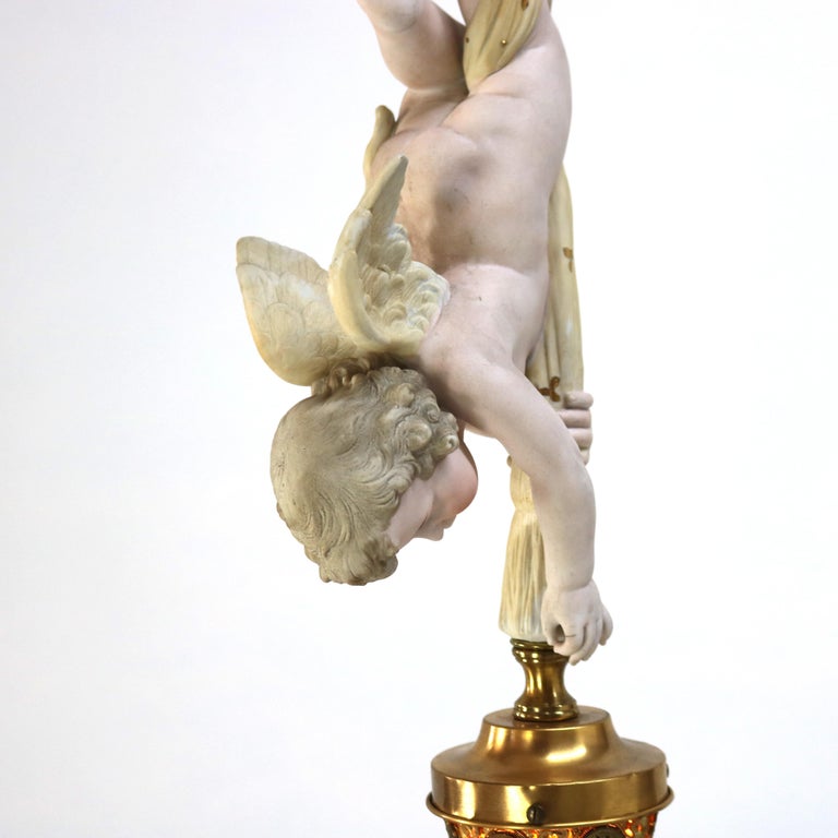 French Gilt Bronze, Brass & Bisque Figural Cupid Pendant Light & Jeweled Shade