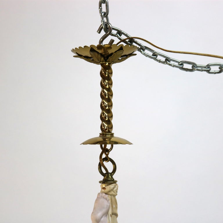 French Gilt Bronze, Brass & Bisque Figural Cupid Pendant Light & Jeweled Shade