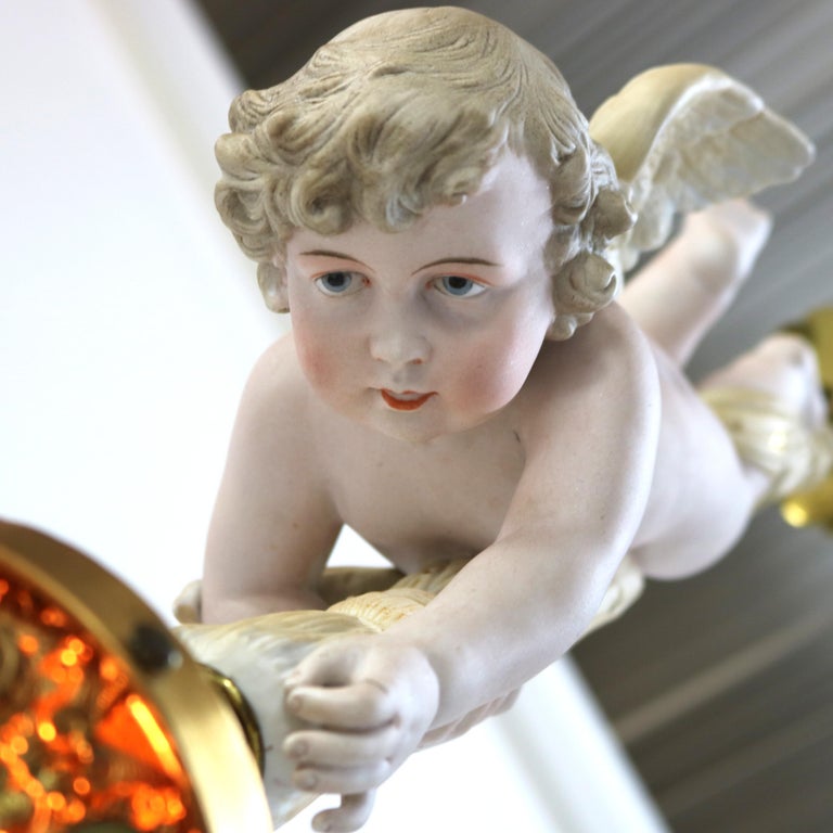 French Gilt Bronze, Brass & Bisque Figural Cupid Pendant Light & Jeweled Shade