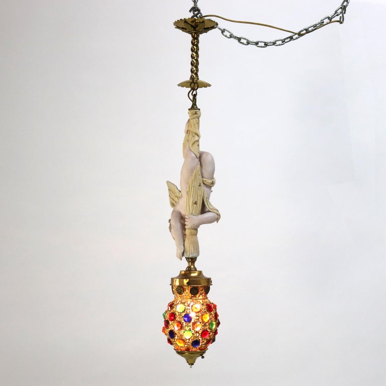 French Gilt Bronze, Brass & Bisque Figural Cupid Pendant Light & Jeweled Shade