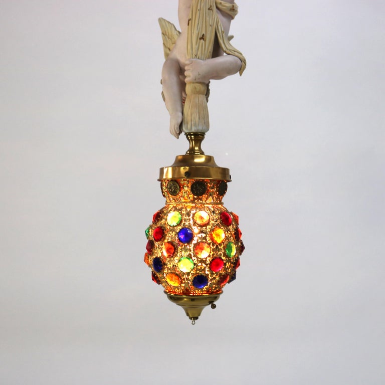 French Gilt Bronze, Brass & Bisque Figural Cupid Pendant Light & Jeweled Shade