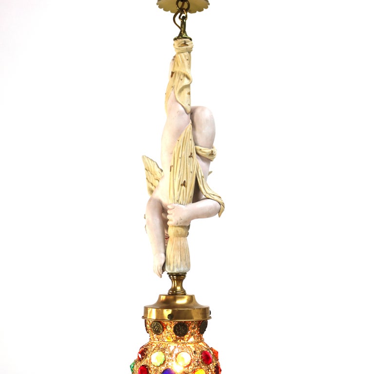 French Gilt Bronze, Brass & Bisque Figural Cupid Pendant Light & Jeweled Shade