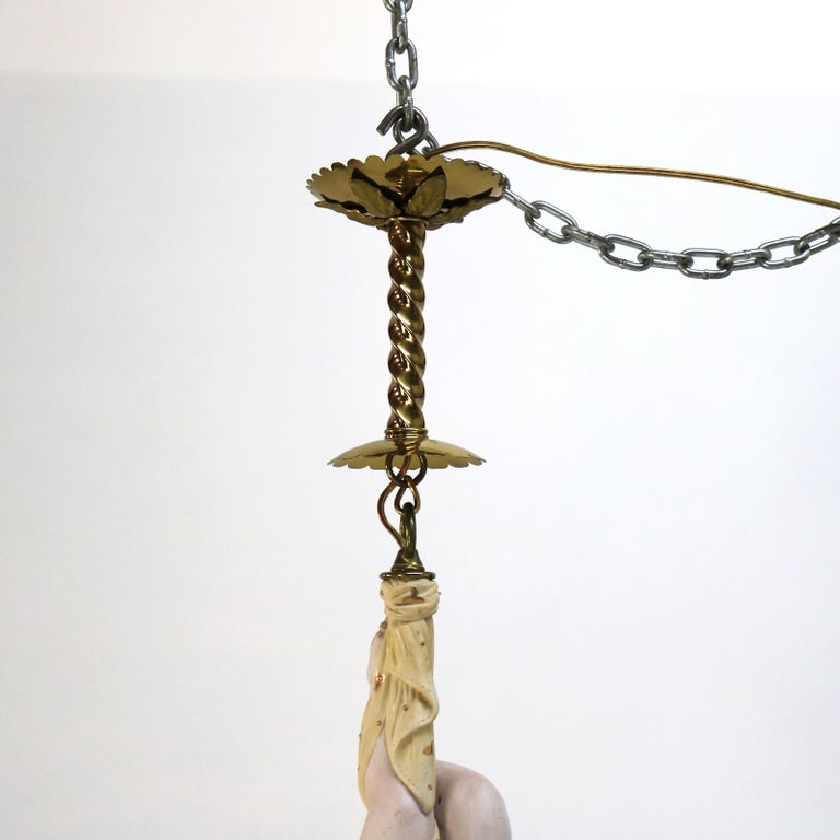 French Gilt Bronze, Brass & Bisque Figural Cupid Pendant Light & Jeweled Shade