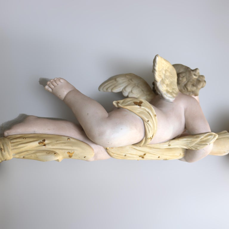 French Gilt Bronze, Brass & Bisque Figural Cupid Pendant Light & Jeweled Shade