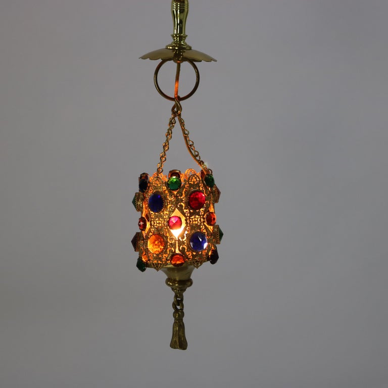 French Gilt Bronze, Brass & Bisque Figural Cupid Pendant Light & Jeweled Shade