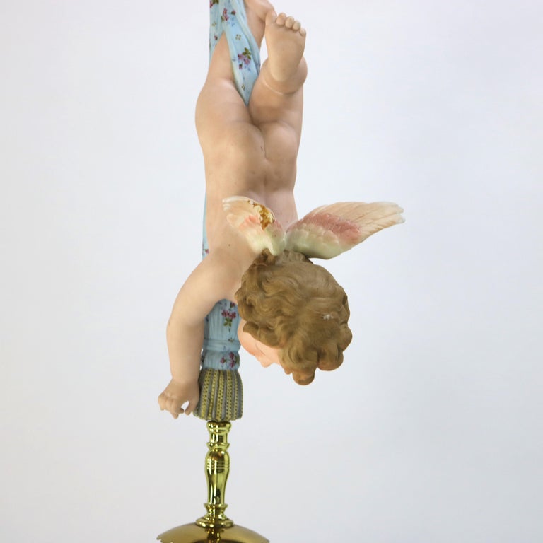 French Gilt Bronze, Brass & Bisque Figural Cupid Pendant Light & Jeweled Shade