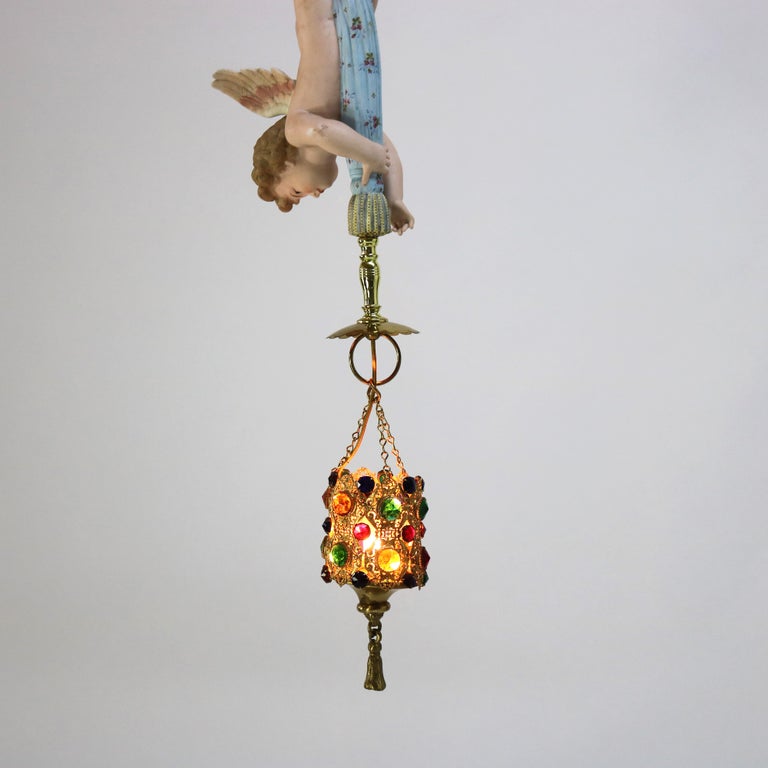 French Gilt Bronze, Brass & Bisque Figural Cupid Pendant Light & Jeweled Shade
