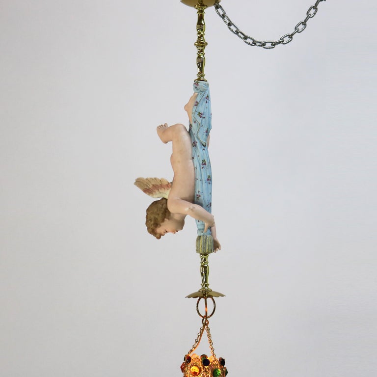 French Gilt Bronze, Brass & Bisque Figural Cupid Pendant Light & Jeweled Shade