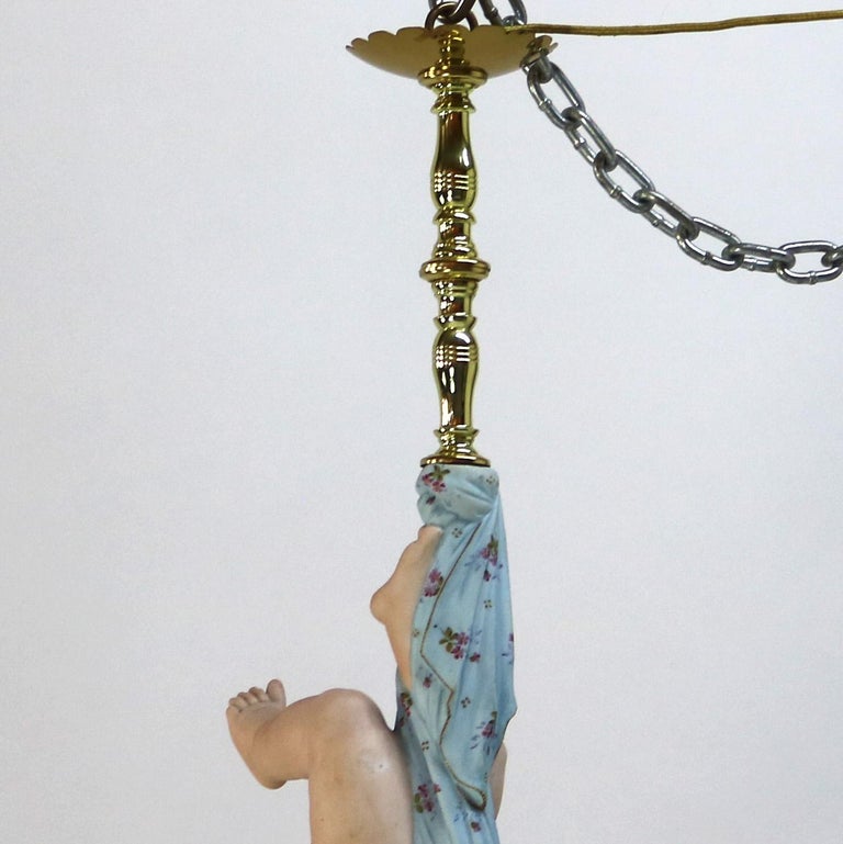 French Gilt Bronze, Brass & Bisque Figural Cupid Pendant Light & Jeweled Shade