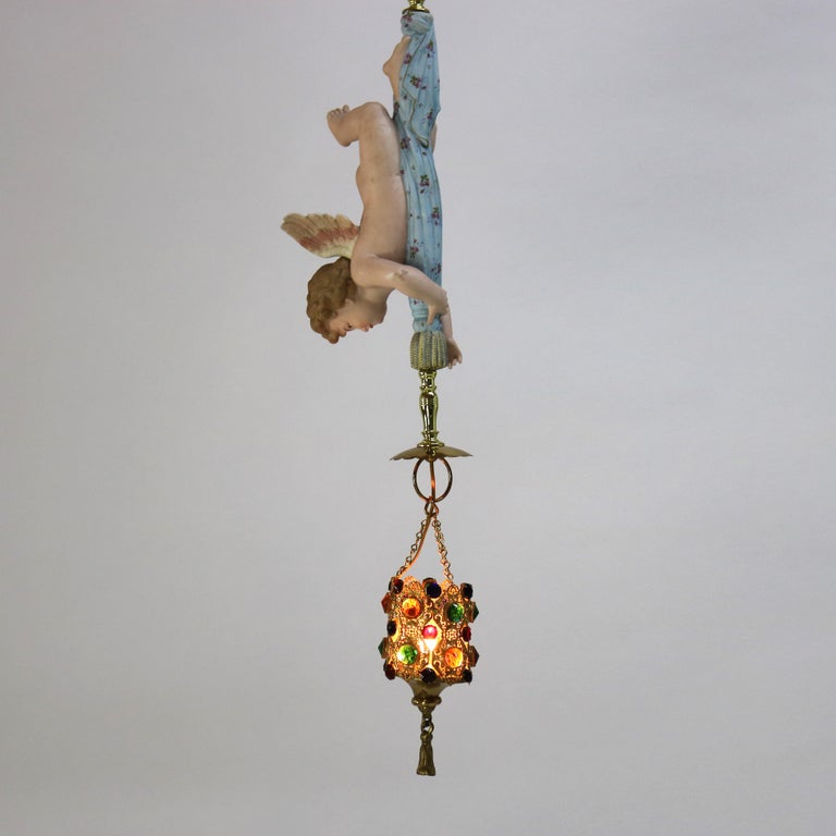 French Gilt Bronze, Brass & Bisque Figural Cupid Pendant Light & Jeweled Shade