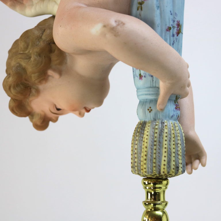 French Gilt Bronze, Brass & Bisque Figural Cupid Pendant Light & Jeweled Shade