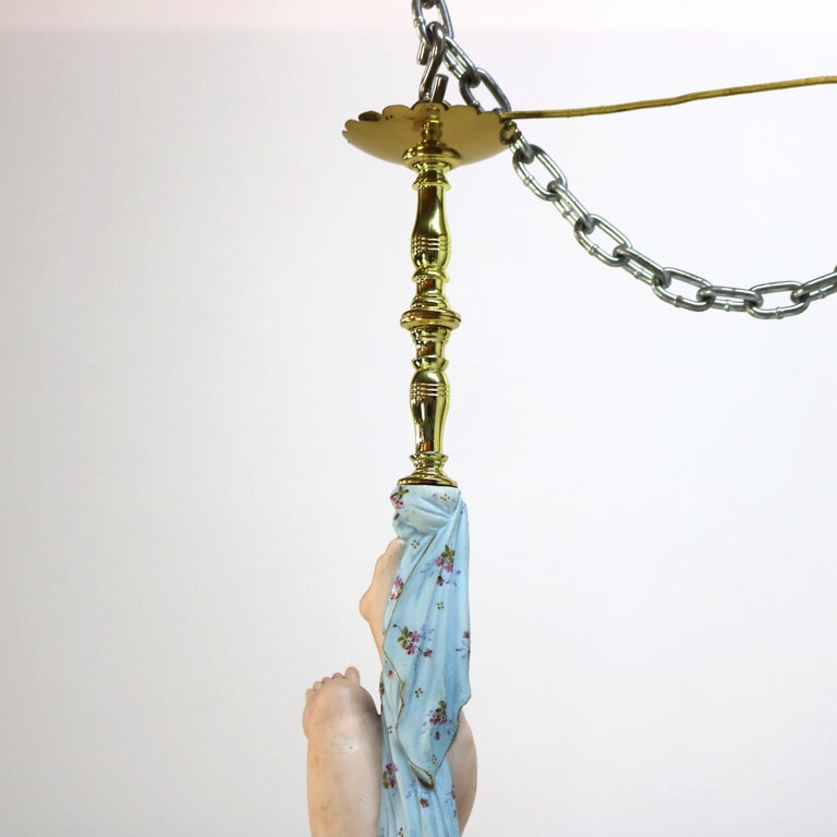 French Gilt Bronze, Brass & Bisque Figural Cupid Pendant Light & Jeweled Shade