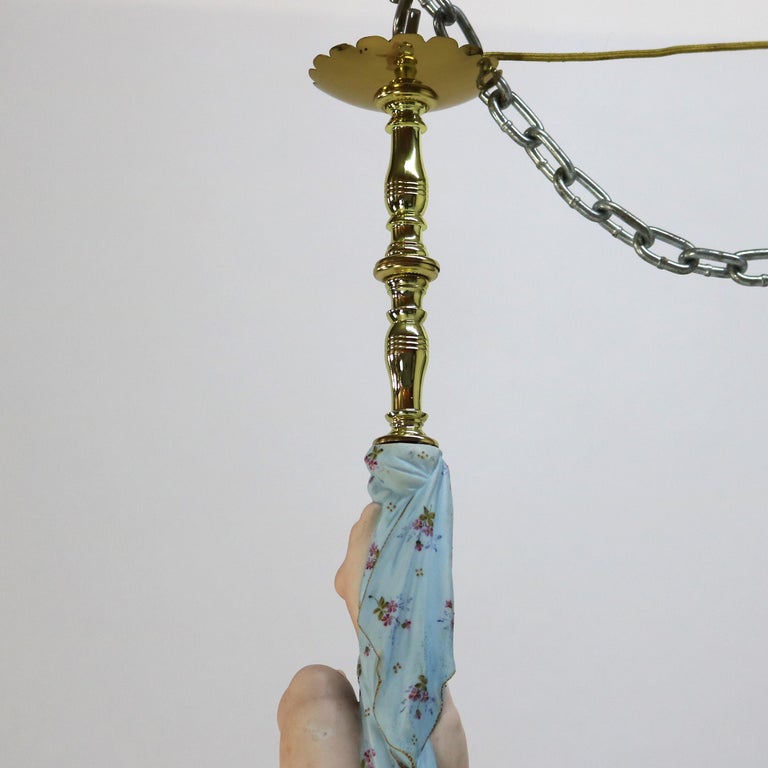 French Gilt Bronze, Brass & Bisque Figural Cupid Pendant Light & Jeweled Shade