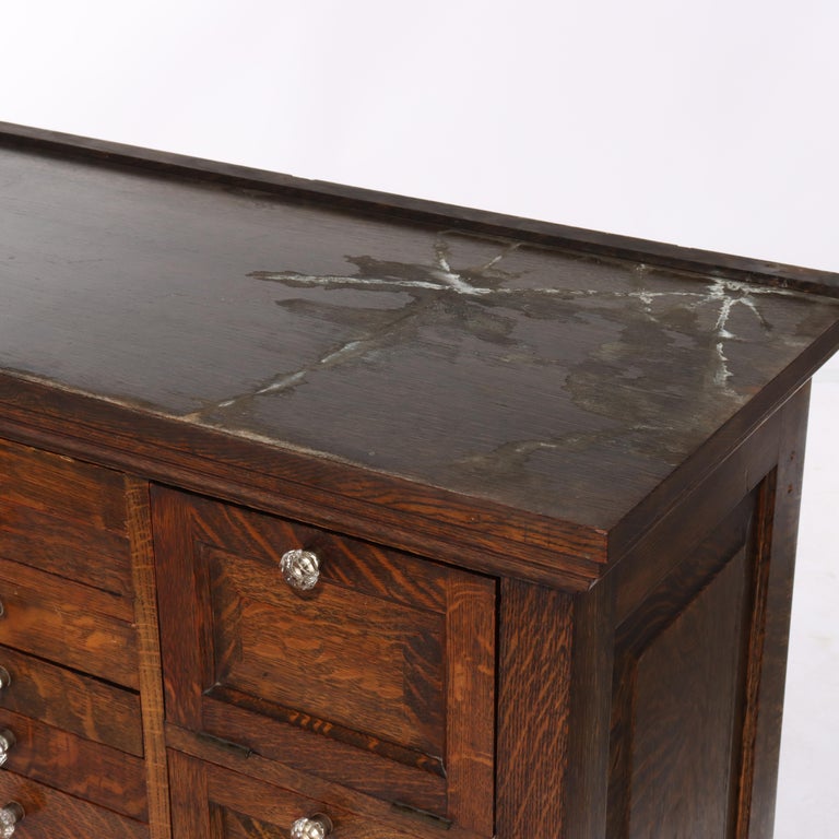 Arts & Crafts 18 Drawer Dental Cabinet with Oak, Leaded Glass & Porcelain C1910