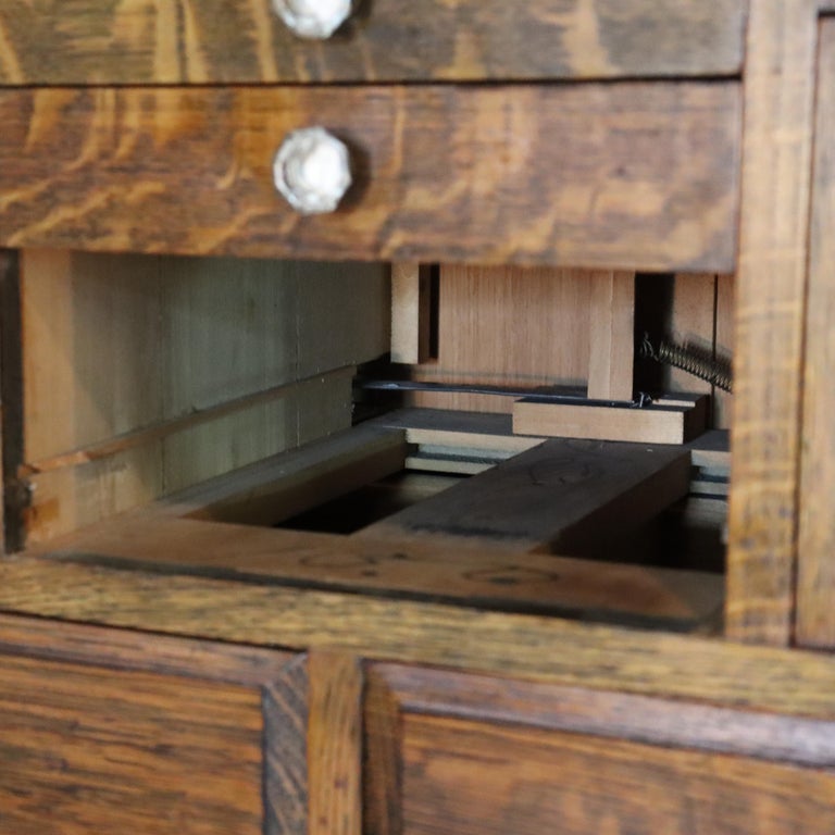 Arts & Crafts 18 Drawer Dental Cabinet with Oak, Leaded Glass & Porcelain C1910