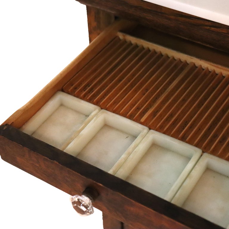 Arts & Crafts 18 Drawer Dental Cabinet with Oak, Leaded Glass & Porcelain C1910