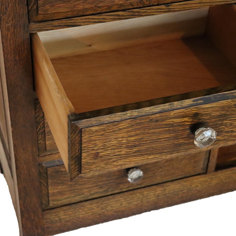 Arts & Crafts 18 Drawer Dental Cabinet with Oak, Leaded Glass & Porcelain C1910