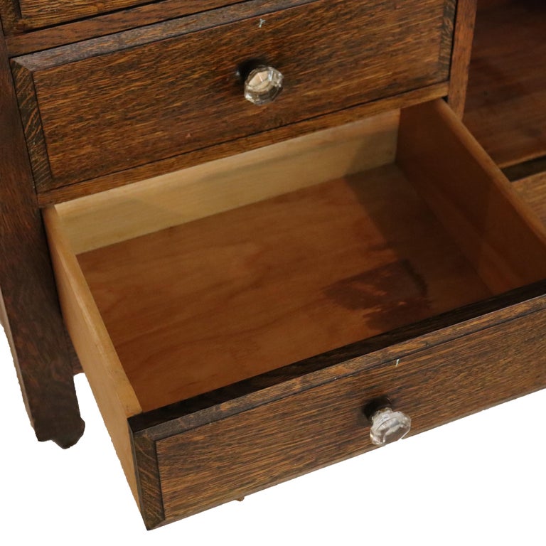 Arts & Crafts 18 Drawer Dental Cabinet with Oak, Leaded Glass & Porcelain C1910