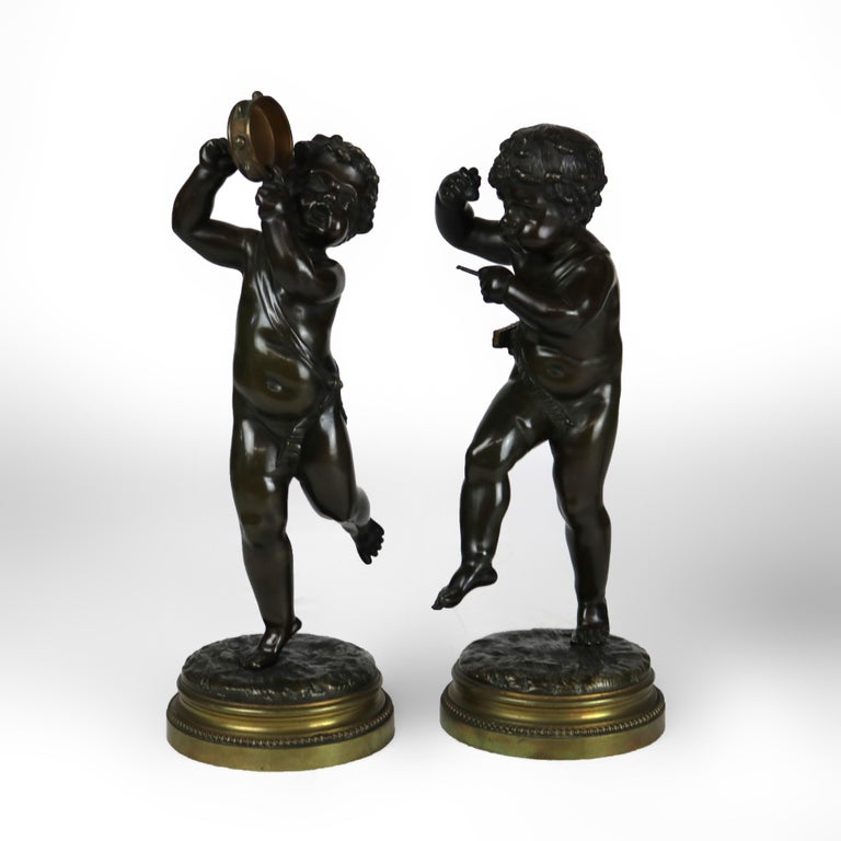 Pair of Antique Clodion Bronze Cherub Musician Sculptures Signed C1880