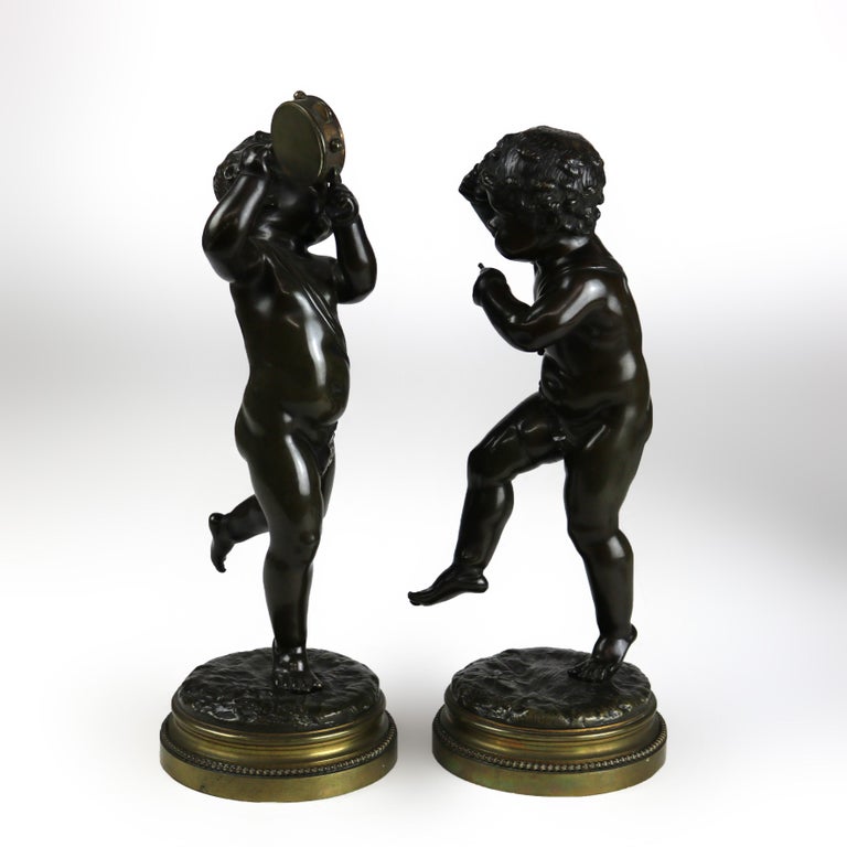 Pair of Antique Clodion Bronze Cherub Musician Sculptures Signed C1880