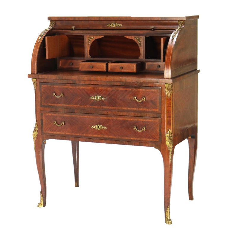 French Louis XV Style Rosewood, Kingwood & Ormolu Roll Top Lady’s Desk 20th C