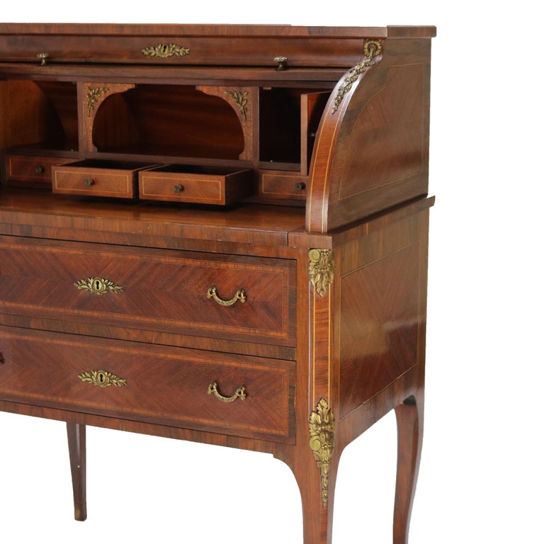 French Louis XV Style Rosewood, Kingwood & Ormolu Roll Top Lady’s Desk 20th C