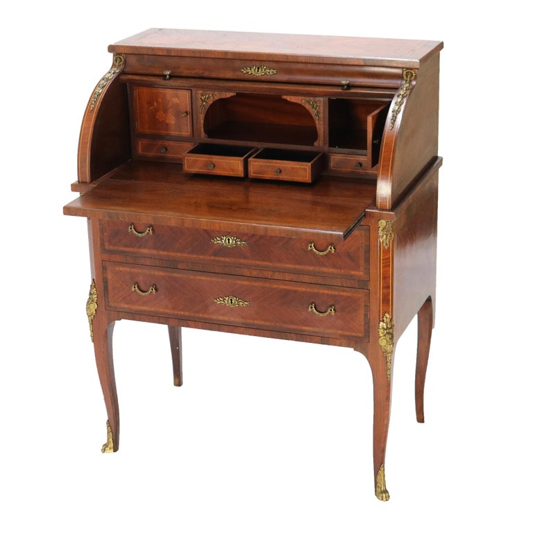 French Louis XV Style Rosewood, Kingwood & Ormolu Roll Top Lady’s Desk 20th C