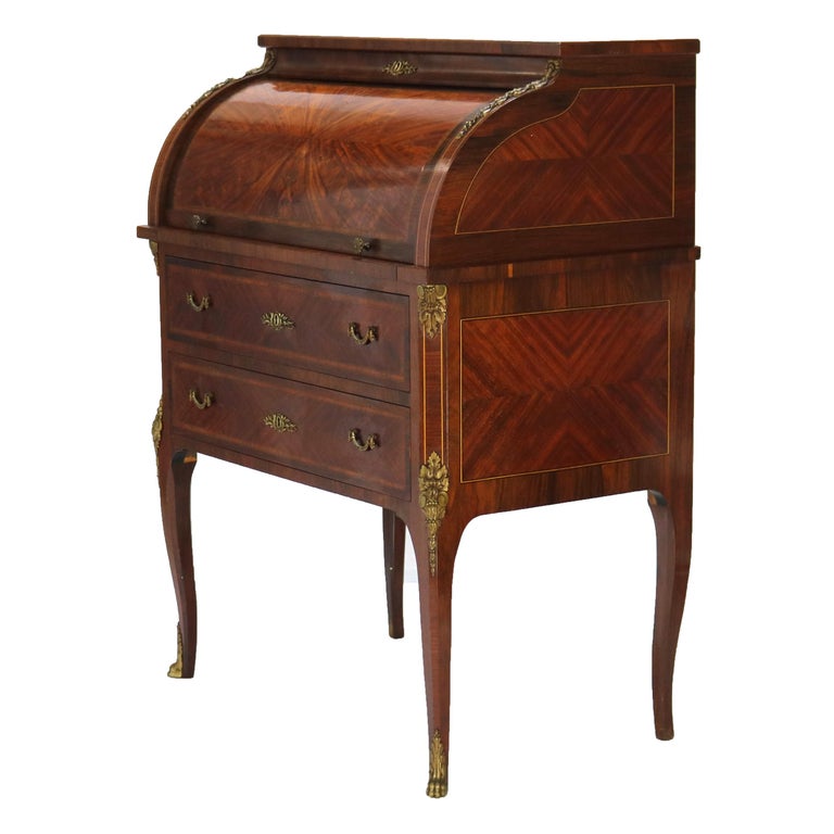 French Louis XV Style Rosewood, Kingwood & Ormolu Roll Top Lady’s Desk 20th C
