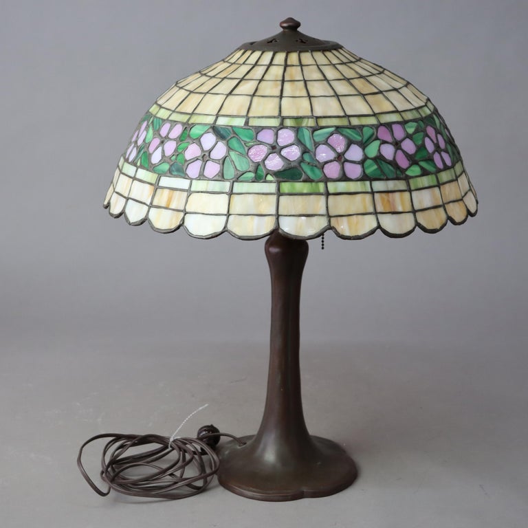 Antique Handel Bronze Table Lamp with Unique Floral Leaded Glass Shade C1930