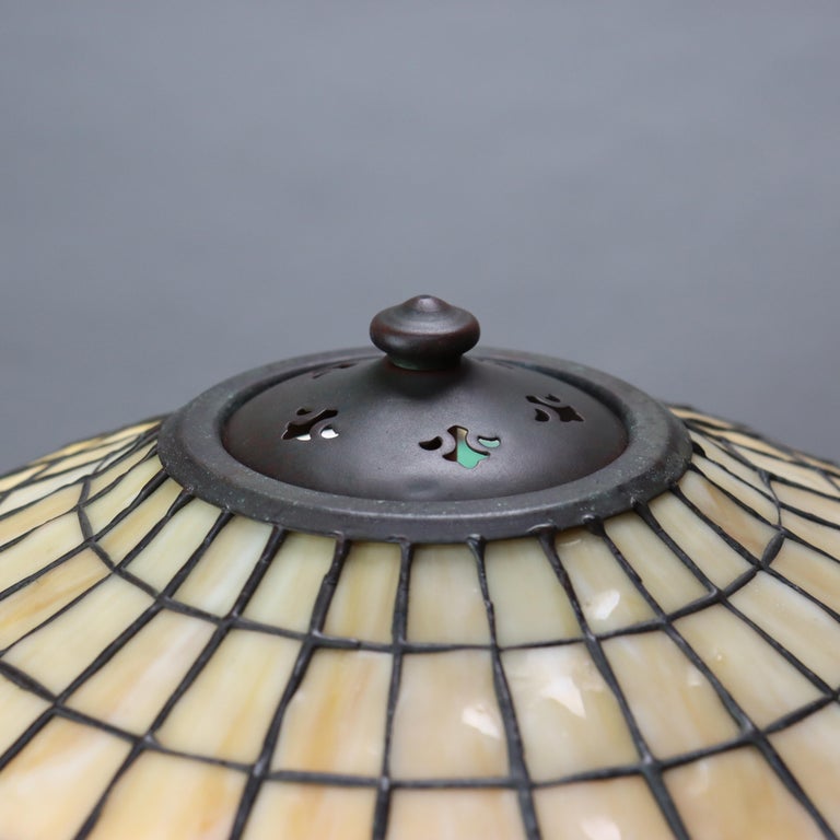 Antique Handel Bronze Table Lamp with Unique Floral Leaded Glass Shade C1930