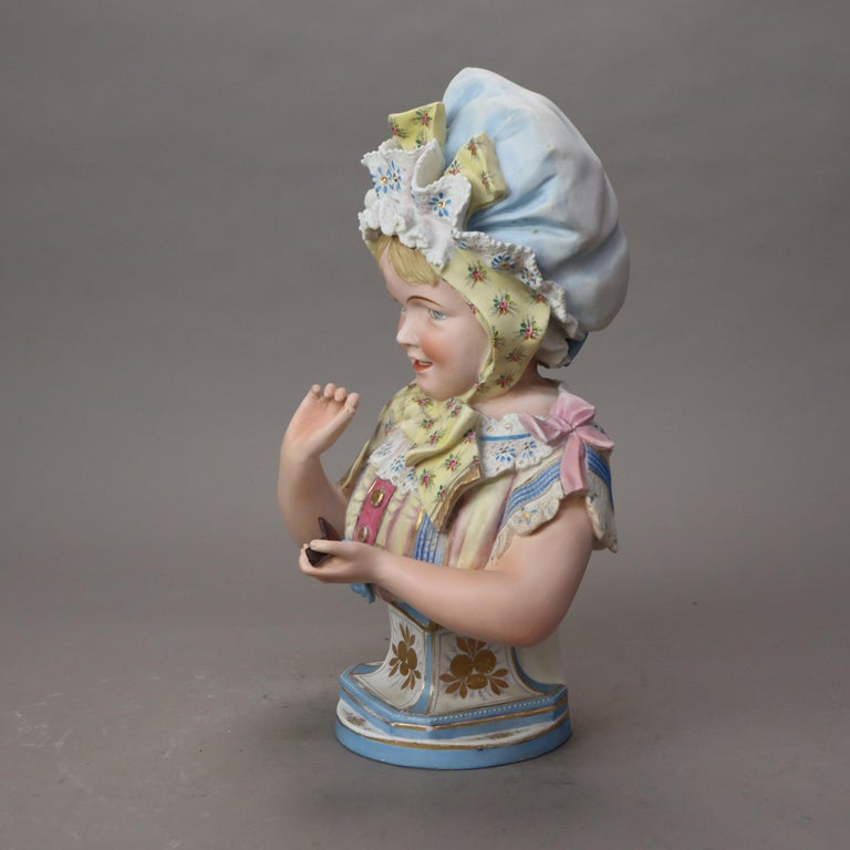 Antique Hand Painted Bisque Bust of a Young Girl C1890