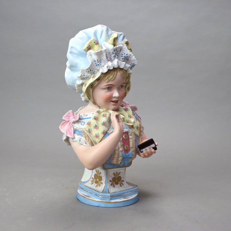 Antique Hand Painted Bisque Bust of a Young Girl C1890