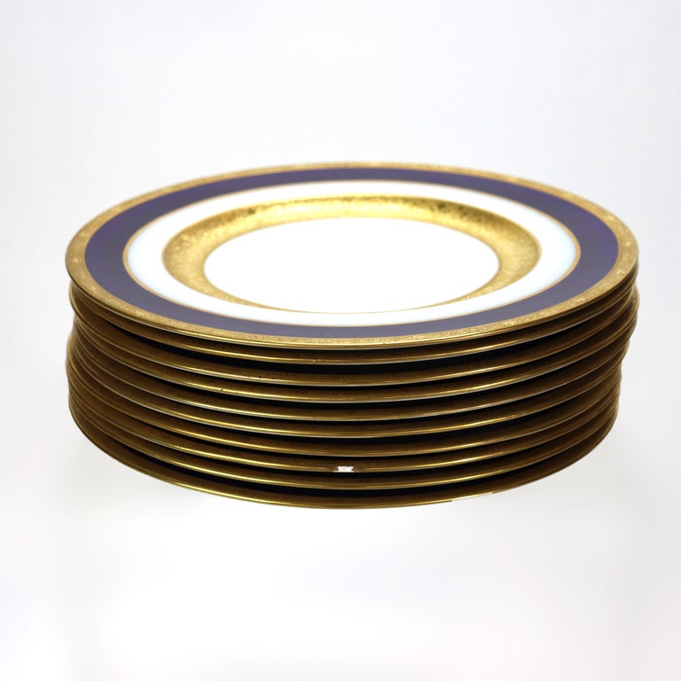 Ten Antique English Cobalt & Gilt Fine China Lunch Plates C1930