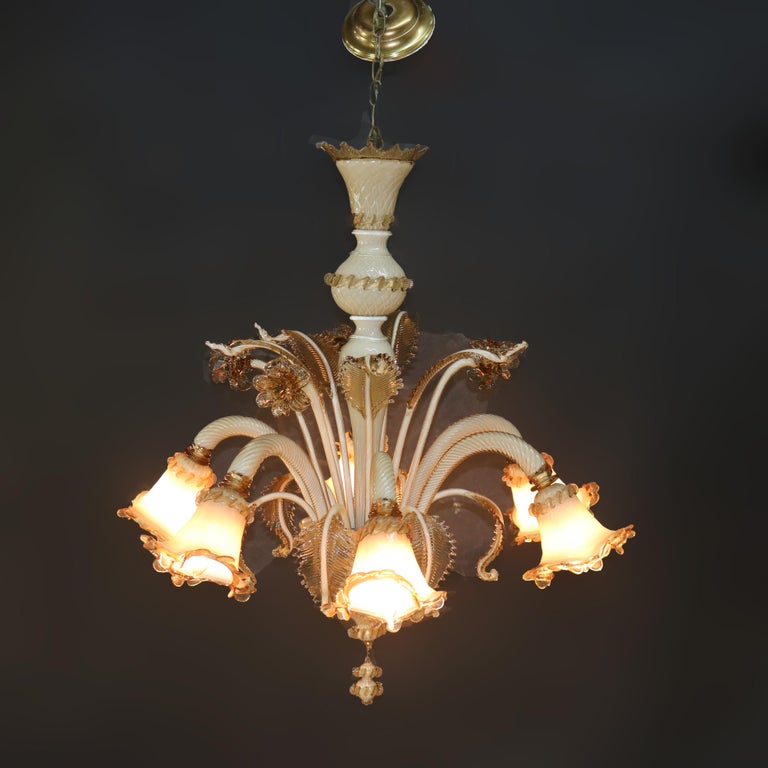 Vintage Italian Venetian Art Glass Six-Light Floral Form Chandelier