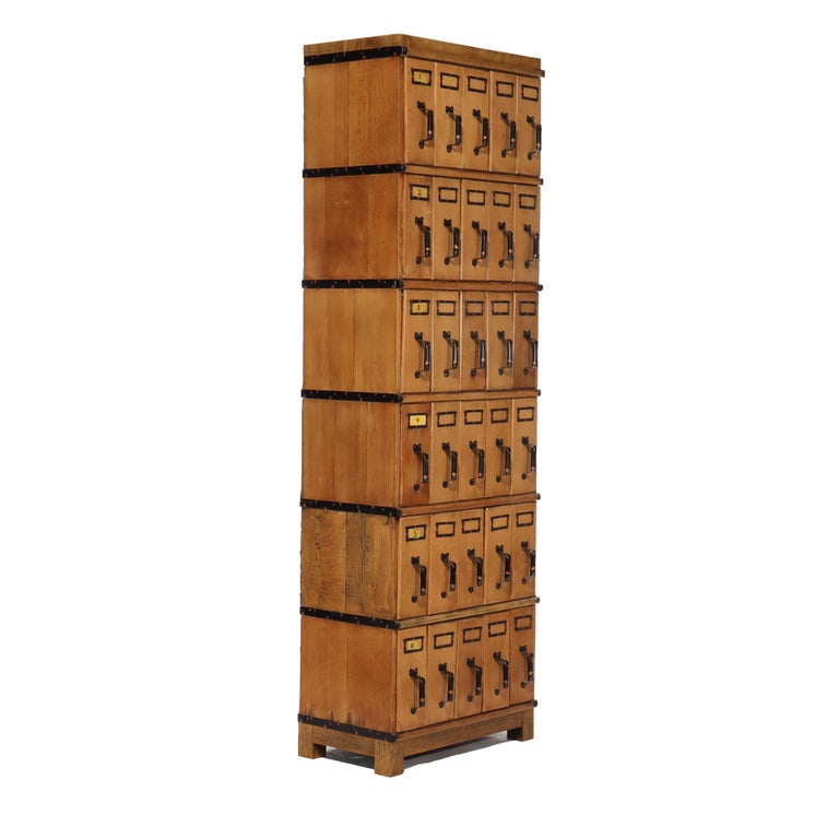Oversized Antique Oak 6 Section 30 Drawer File Cabinet C1920