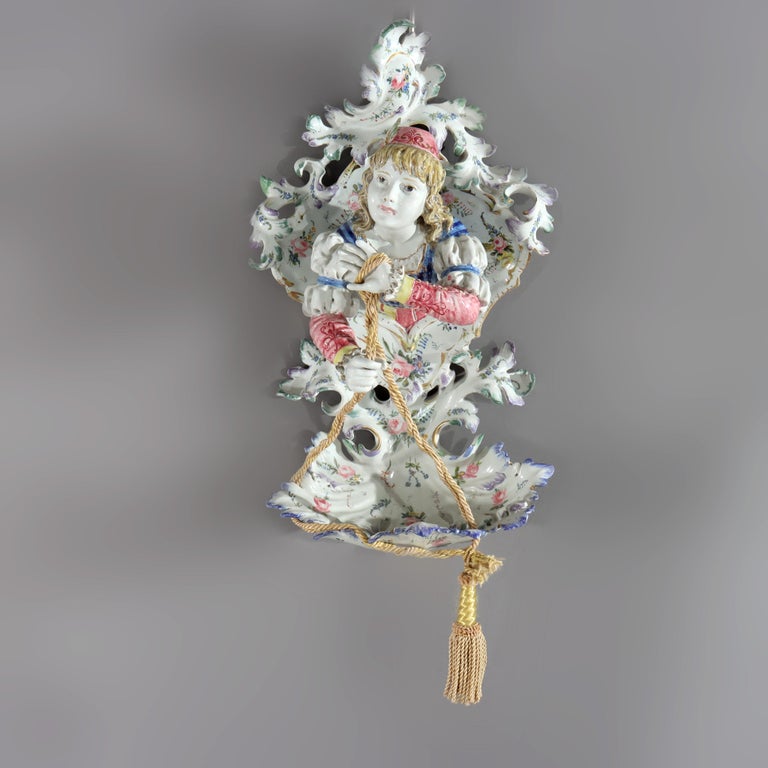 Meissen School High Glaze Porcelain Figural & Floral Wall Sconce with Boy 20thC