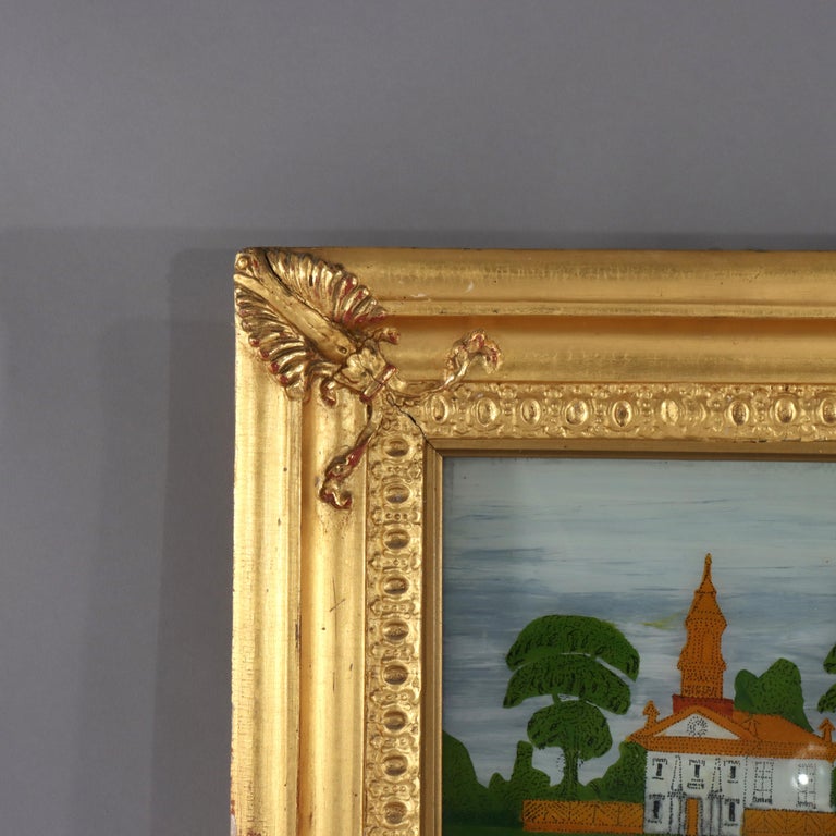 Antique Federal Trumeau Reverse Painted Gilt Wood Mirror Unsigned 19thC