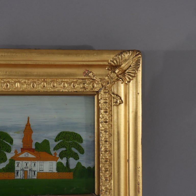 Antique Federal Trumeau Reverse Painted Gilt Wood Mirror Unsigned 19thC