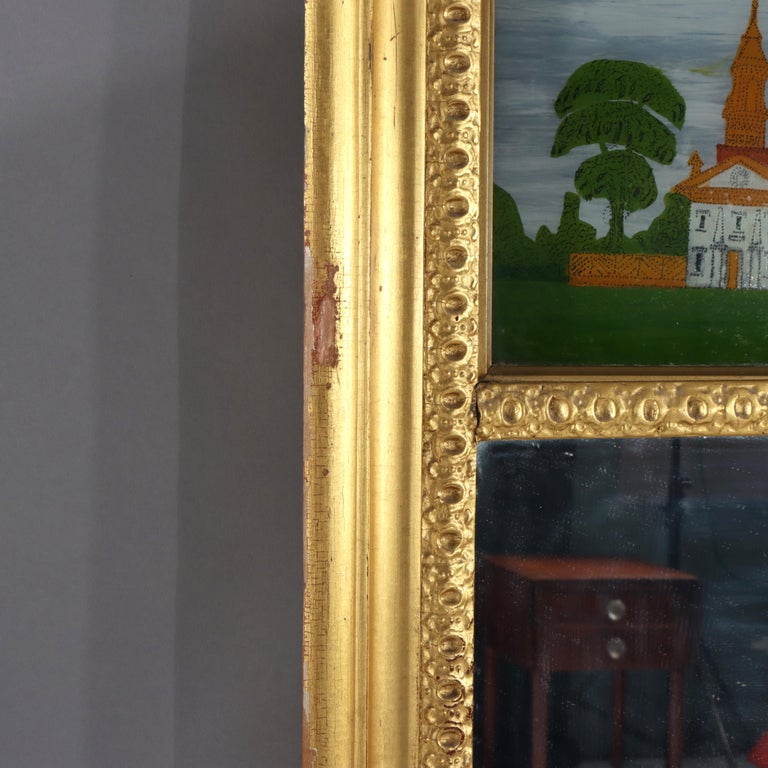 Antique Federal Trumeau Reverse Painted Gilt Wood Mirror Unsigned 19thC