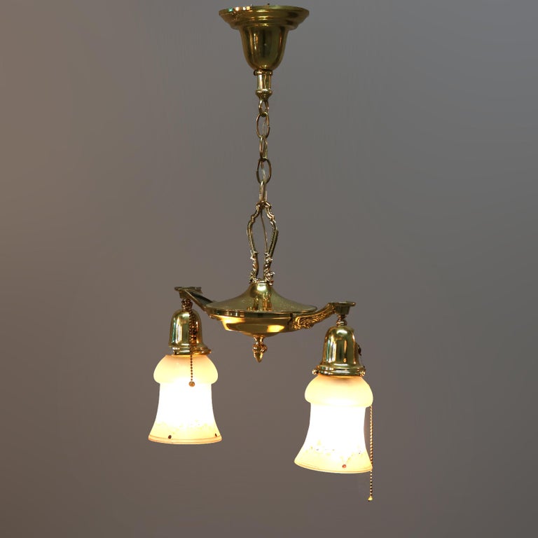 Antique Brass Two Drop-Light Hanging Ceiling Fixture, Circa 1920