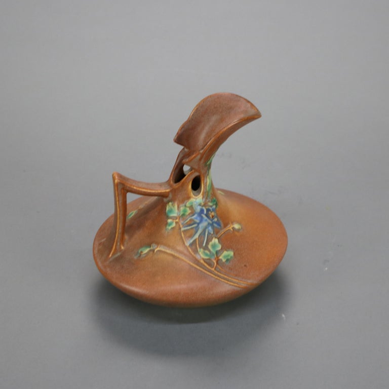 Brown Roseville Art Pottery Art Deco Ewer with Columbine Pattern Mid 20thC