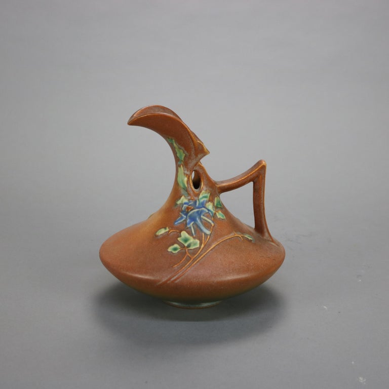 Brown Roseville Art Pottery Art Deco Ewer with Columbine Pattern Mid 20thC