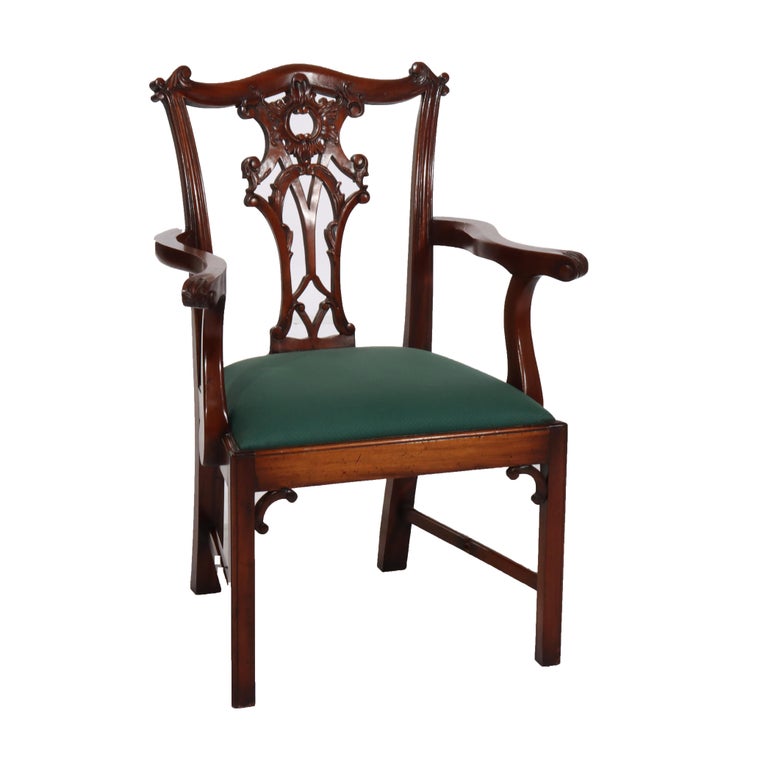 Eight Antique Chippendale Carved Mahogany Ribbon Back Dining Chairs