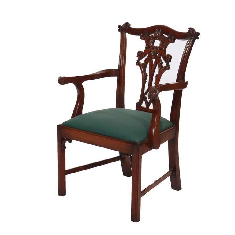 Eight Antique Chippendale Carved Mahogany Ribbon Back Dining Chairs