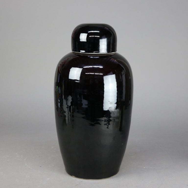 Large Antique Chinese High Glaze Black Pottery Temple Jar C1930