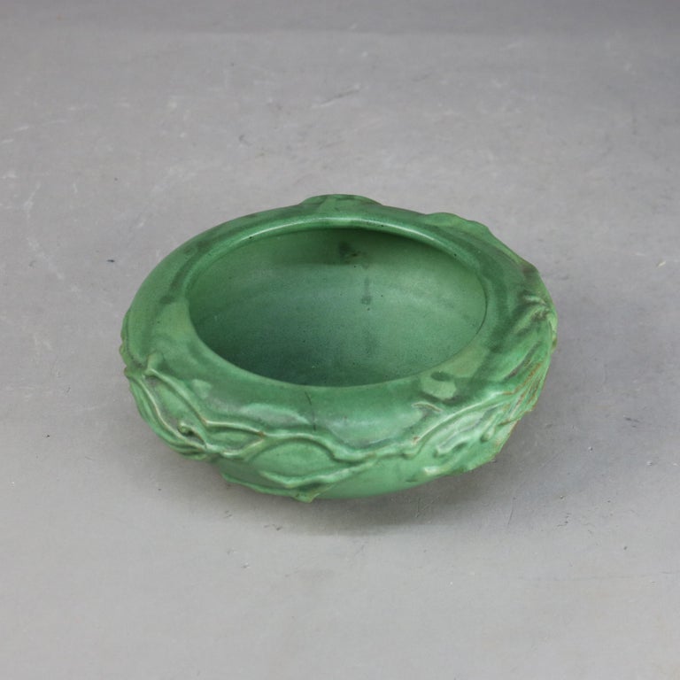 Antique Weller Art & Crafts Floral Embossed Matt Green Pottery Bowl C1910