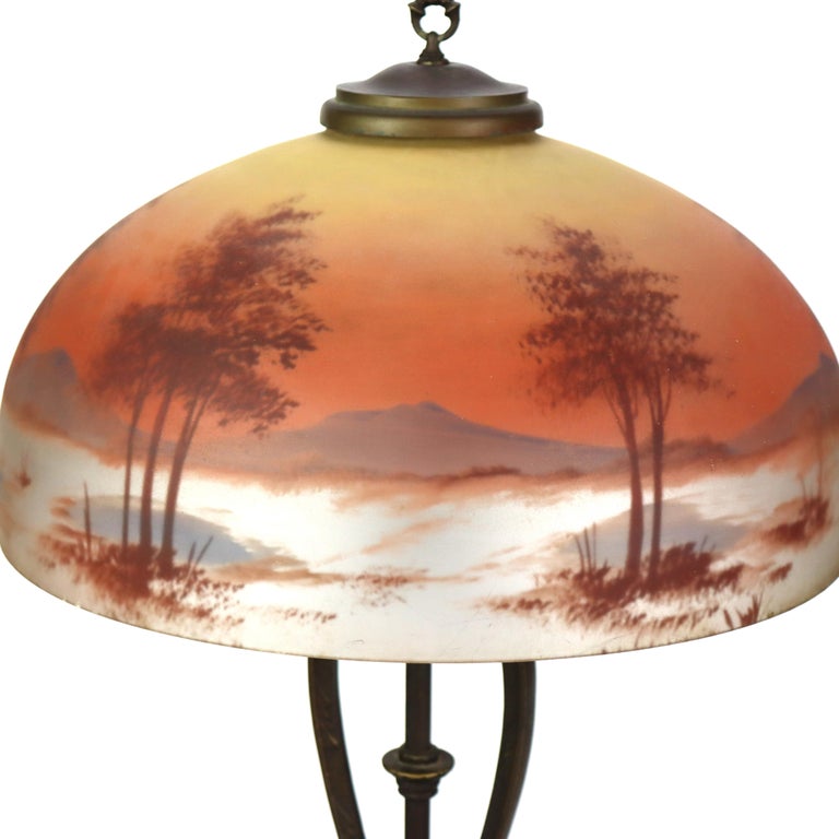 Antique Handel School Reverse Painted Scenic Table Lamp C1920