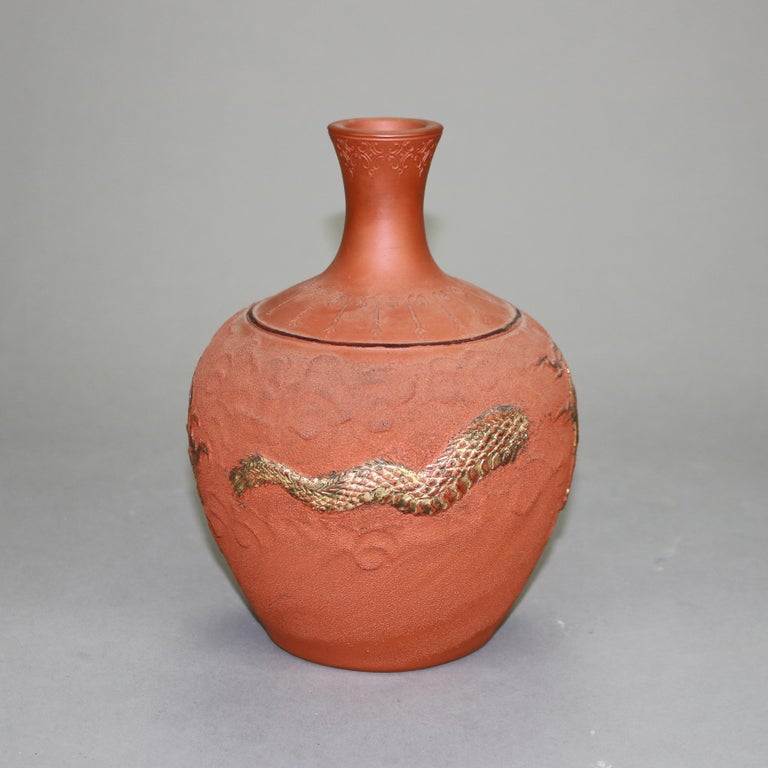 Japanese Embossed Terra Cotta Vase with Dragon C1930