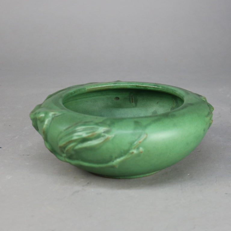 Antique Weller Art & Crafts Floral Embossed Matt Green Pottery Bowl C1910