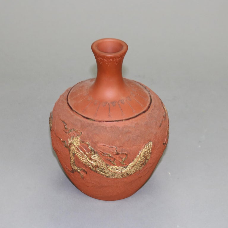 Japanese Embossed Terra Cotta Vase with Dragon C1930